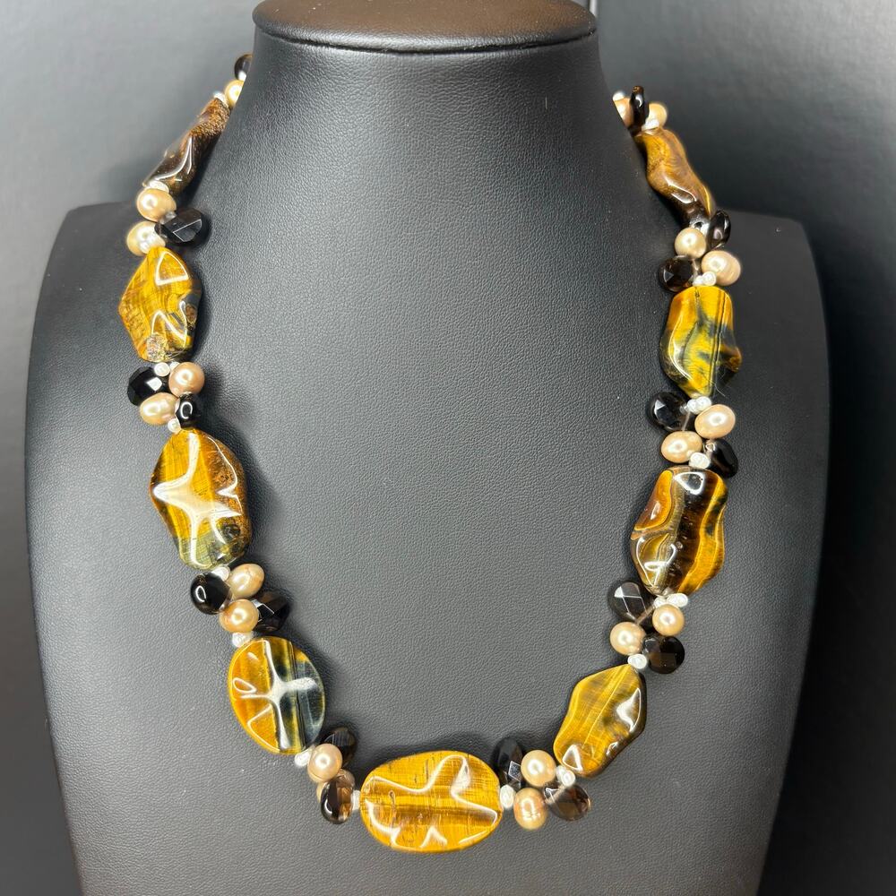 Chunky Tiger's Eye and Pearl Necklace 18"/2"